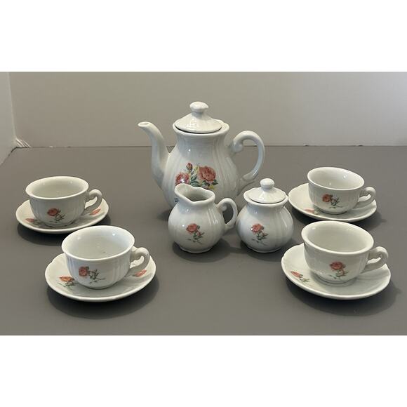 Dollhouse Miniature Tea Pot Set Kitchen Dish Rose Floral 13 Piece Lot VTG - READ - Picture 1 of 9